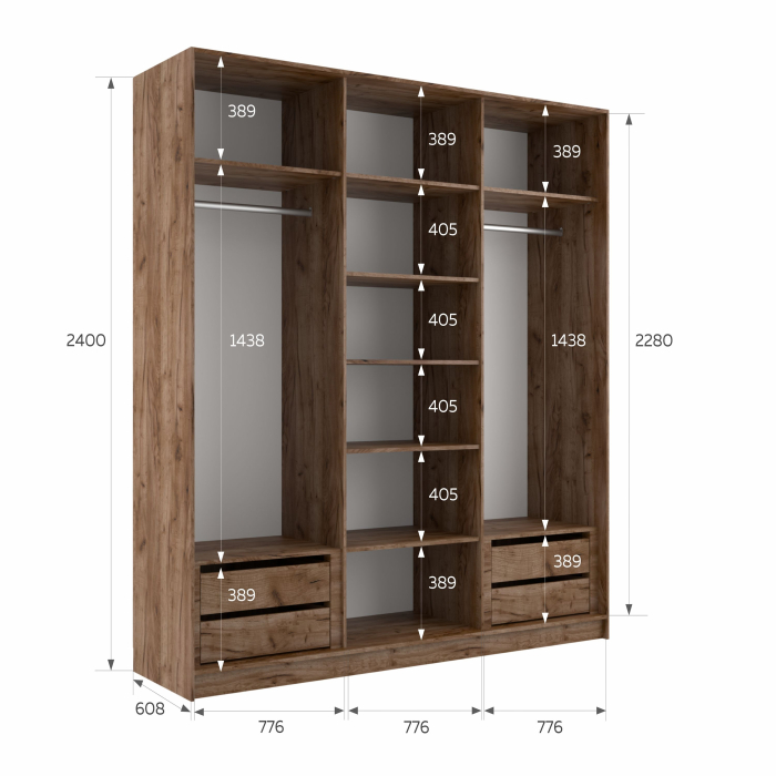 Шкафы-купе 3-х дверные, Шкаф-купе Эста 3-х дверный ДСП/Стекла пудра/Доводчик 240х66х240