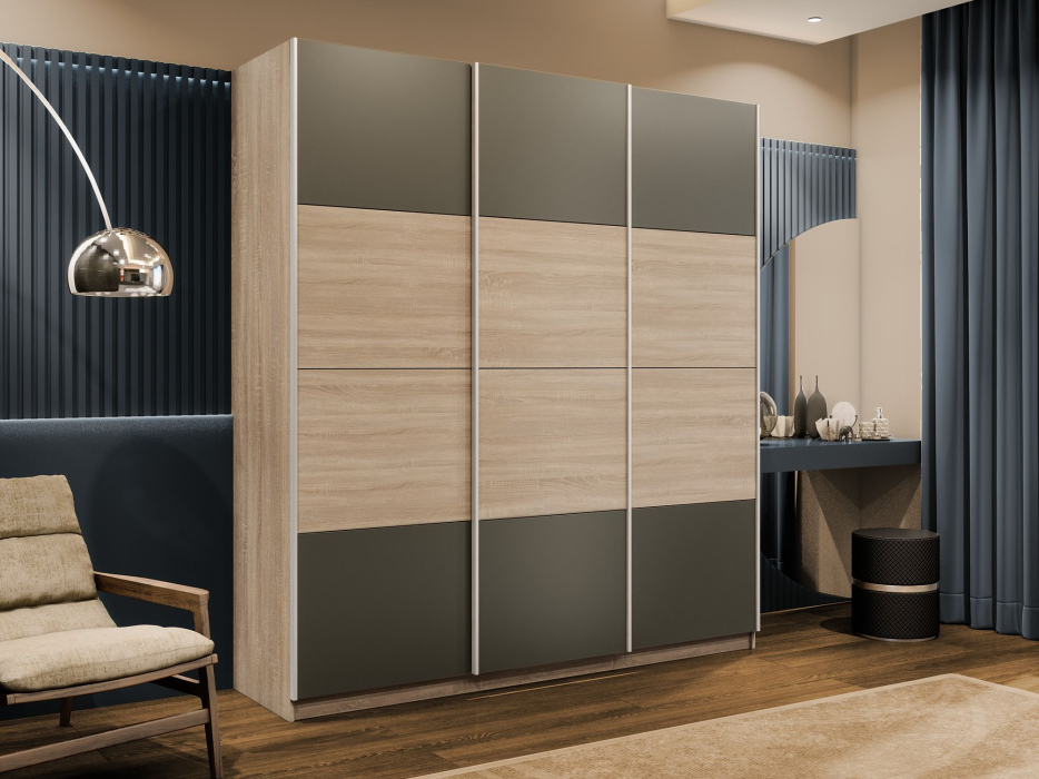 Шкафы-купе 3-х дверные, Шкаф-купе Эста 3-х дверный ДСП/Стекла хаки/Доводчик 300х66х240