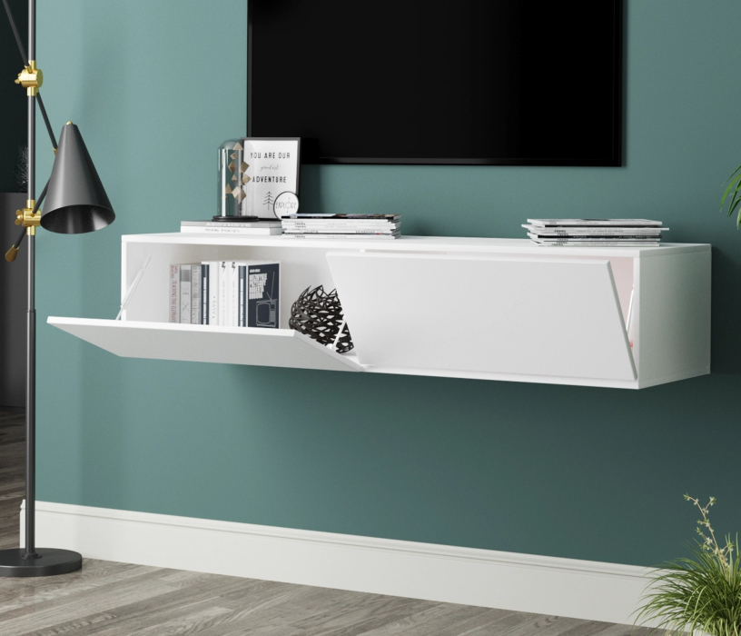 ТВ-тумбы, Тумба под ТВ Виго подвесная Модерн глянцевый МДФ белая большая