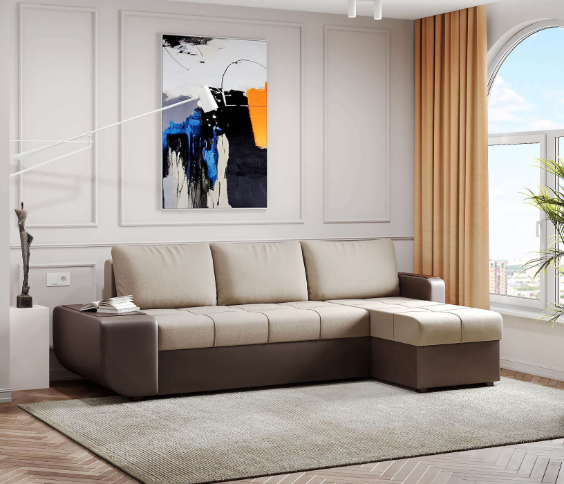 Диваны угловые в гостиную, Диван-кровать угловой Атланта со столиком еврокнижка,велюр+экокожа