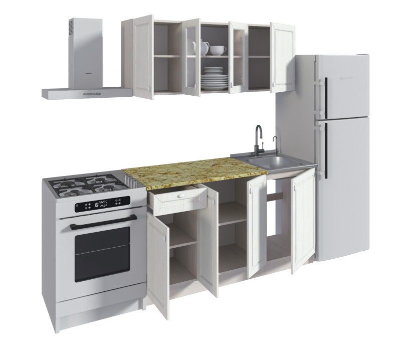 Кухонные гарнитуры, Кухонный гарнитур Катя-150 с витриной Авиньон/Ясень Золото/Мрамор золотой АркобаленоR5