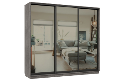 Шкаф-купе Премьер 59 (01ЗГ;01ЗГ;01ЗГ) фасады зеркало графит/трёхдверный/Профиль чёрный муар