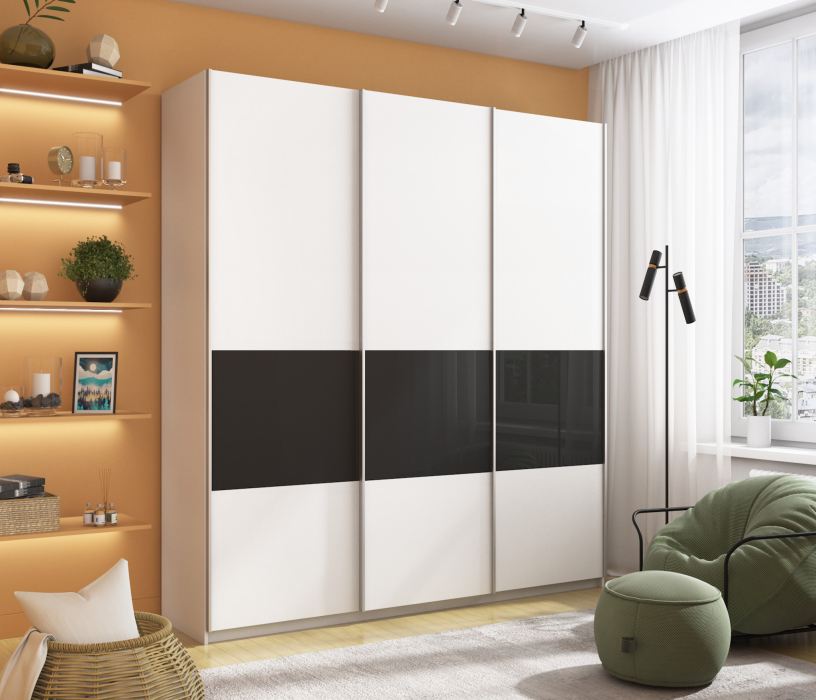 Шкафы-купе 3-х дверные, Шкаф-купе Прайм ДСП/Стекло черное, 240х57х230