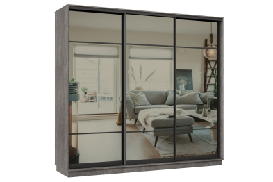 Шкаф-купе Премьер 59 (11ЗГ;11ЗГ;11ЗГ) фасады зеркало графит/трёхдверный/Профиль чёрный муар