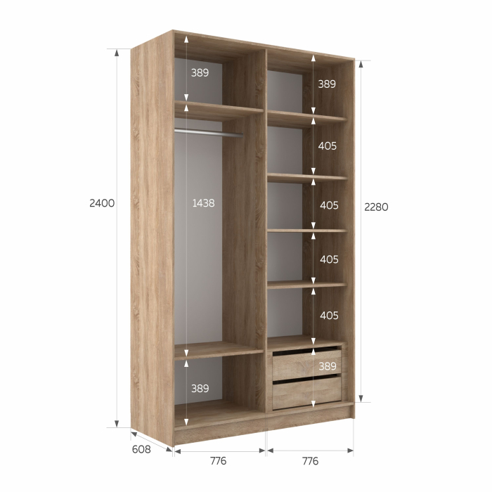 Шкафы-купе 2-х дверные, Шкаф-купе Эста 2-х дверный Стекла пудра/Доводчик 160х66х240