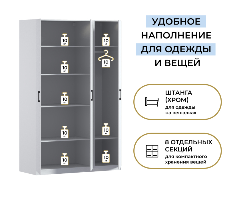Для одежды, Шкаф трехдверный Макс 1500 мм, вариант №3 (ЛДСП)