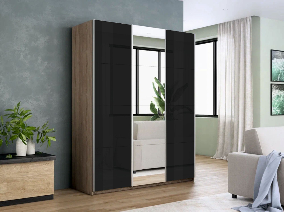 Шкафы-купе 3-х дверные, Шкаф-купе Прайм 3-х дверный Стекла черные/Зеркало/Доводчики 180х57х230