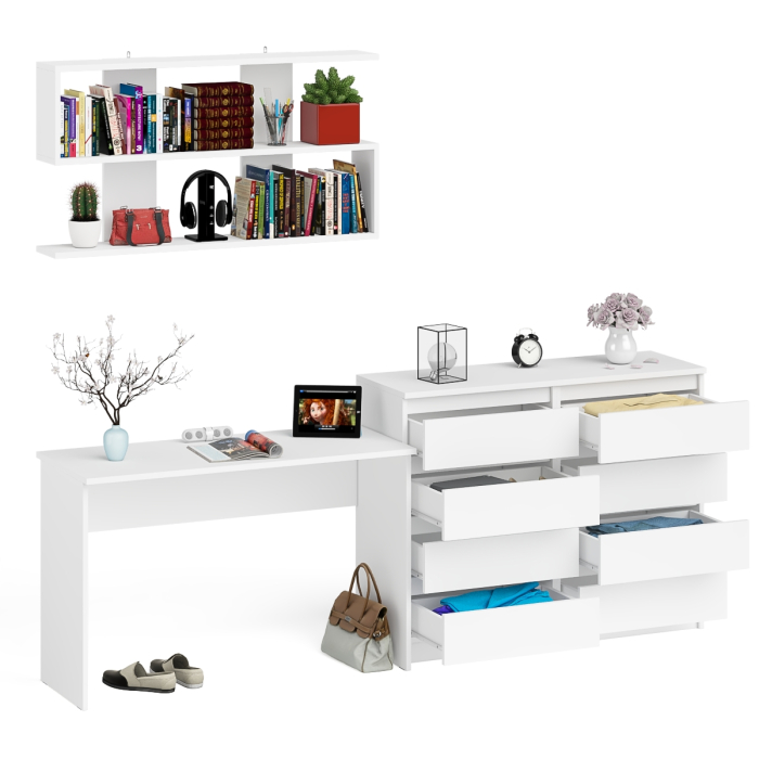 Домашние кабинеты, Комод Мори 8-мь ящиков с рабочим столом 1200 и верхней книжной полкой