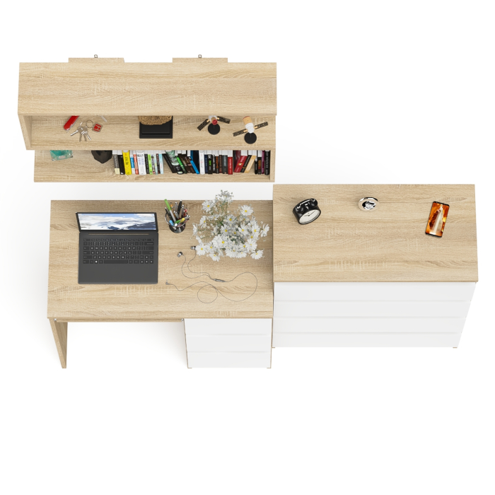 Домашние кабинеты, Однотумбовый стол компьютерный Мори МС-6 правый с открытой полкой и комодом четыре ящика