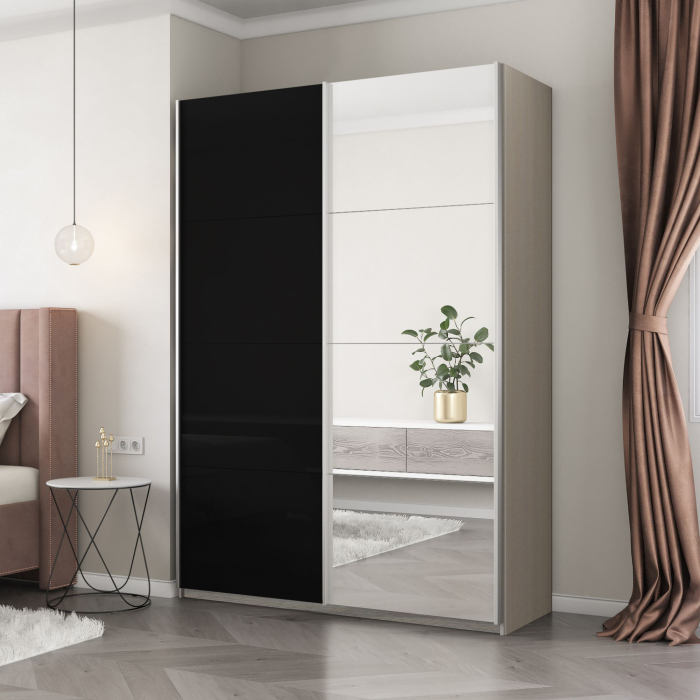 Шкафы-купе 2-х дверные, Шкаф-купе Прайм 2-х дверный Зеркало/Стекло черное/Доводчики 160х57х230