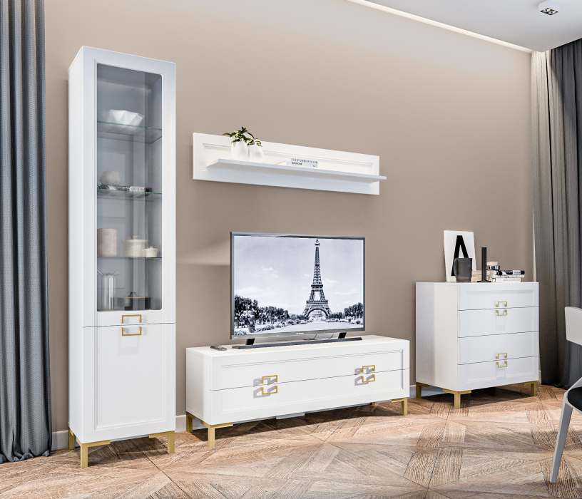 Стенки для гостиной, Комплект для гостиной с комодом Ассоль Белый/МДФ Белый