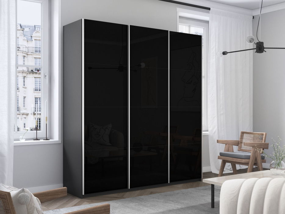 Шкафы-купе 3-х дверные, Шкаф-купе Прайм 3-х дверный Стекла черные/Доводчики 210х57х230
