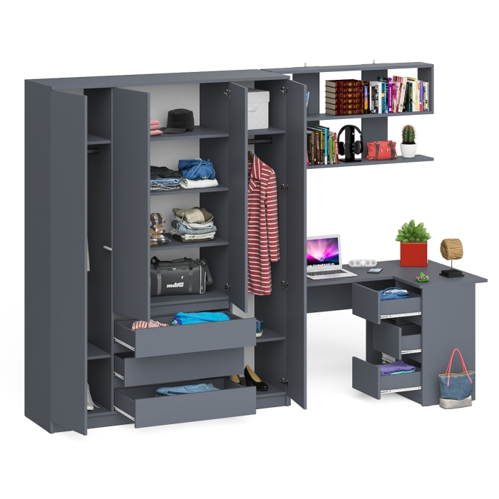 Домашние кабинеты, Шкаф-комод четырёх-дверный Мори с компьютерным угловым столом МС-16 правый и полкой