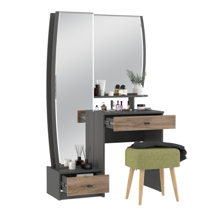 С зеркалом, Стол для макияжа с зеркалом Сицилия и прямоугольный пуф Полли