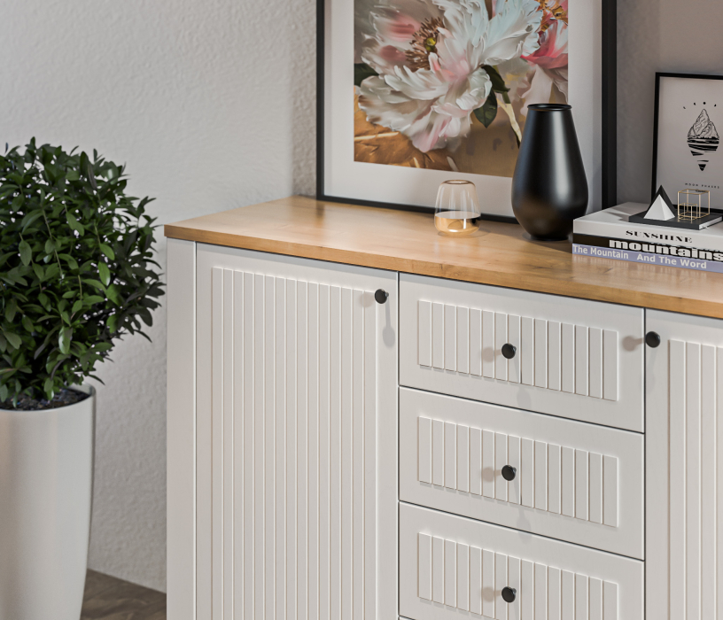 Стенки для гостиной, Набор для гостиной (пеналы с комодом) Монтана Белый Альпийский,Дуб Гамильтон/МДФ Дуб Белый